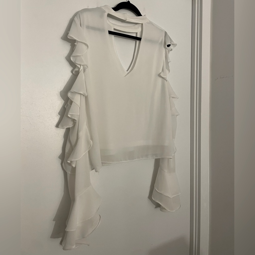 San Joy (Mendocino) Peep Shoulder White Blouse, Size Large.